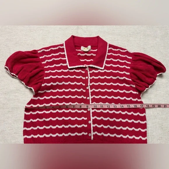 Maeve Red and White Puff Sleeve Cardigan - Picture 5 of 7